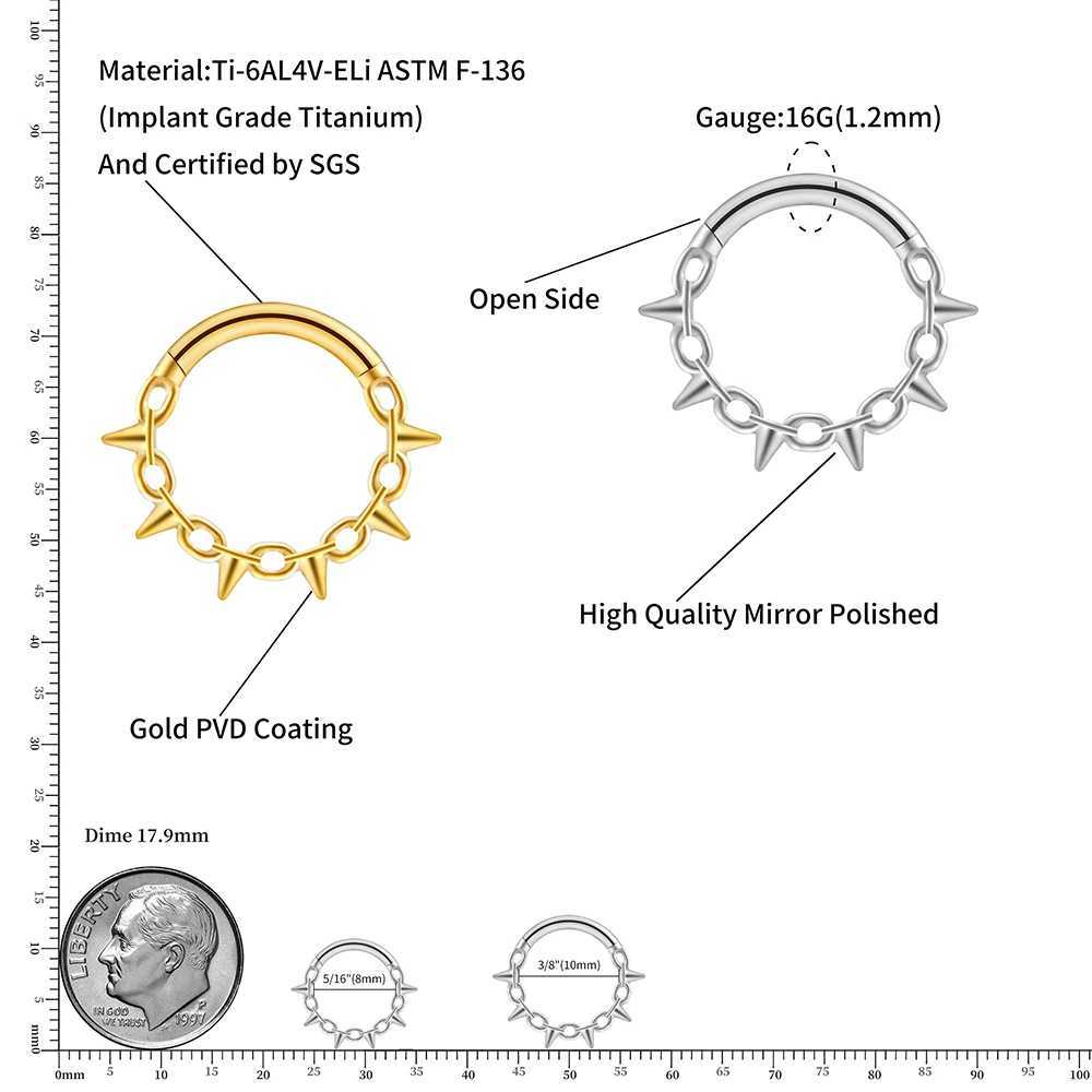 Right Grand ASTM F136 Titanium 16G Punk Chain and Spike Hinged Clicker Segment Hoop Ring Daith Earring Sept Nose PiercingXJ250224