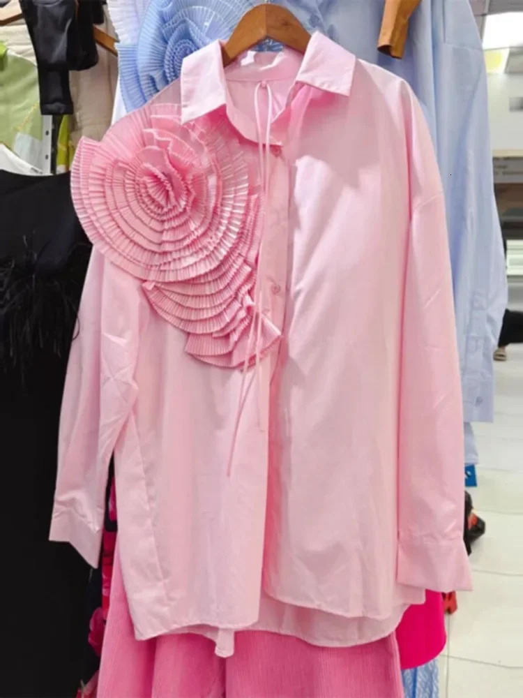 Hikigawa Chic Fashion 3D Floral Turn Down Collar Vintage Blouse Solid Elegant Shirt All Match Casual Blusas Top Mujer De Moda 250225