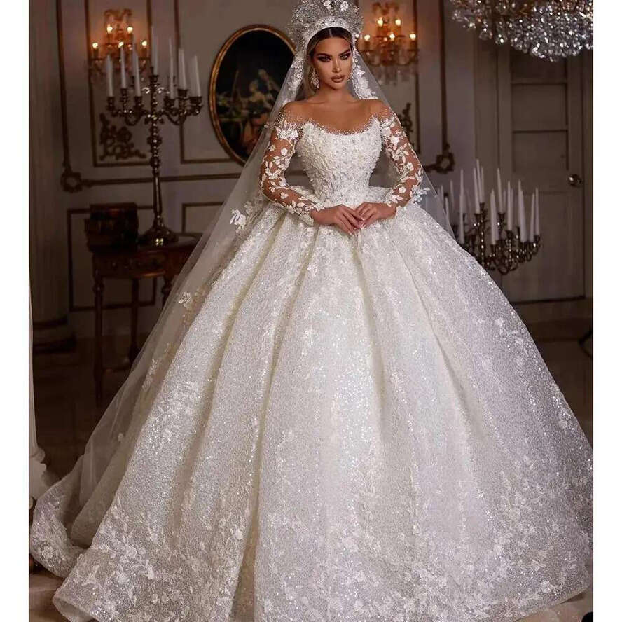 Tulle O Neck Wedding Dress Lace Applique Sequined Beaded Long Sleeve Princess Bride Gowns Vestido De Novia