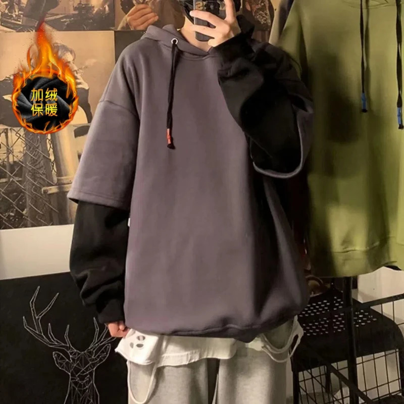 Winter Round Neck Long Sleeve Fashion Sweatshirts Man High Street Casual Loose Pullovers Fake Two Pieces Thick Drawstring Hoodie 250224