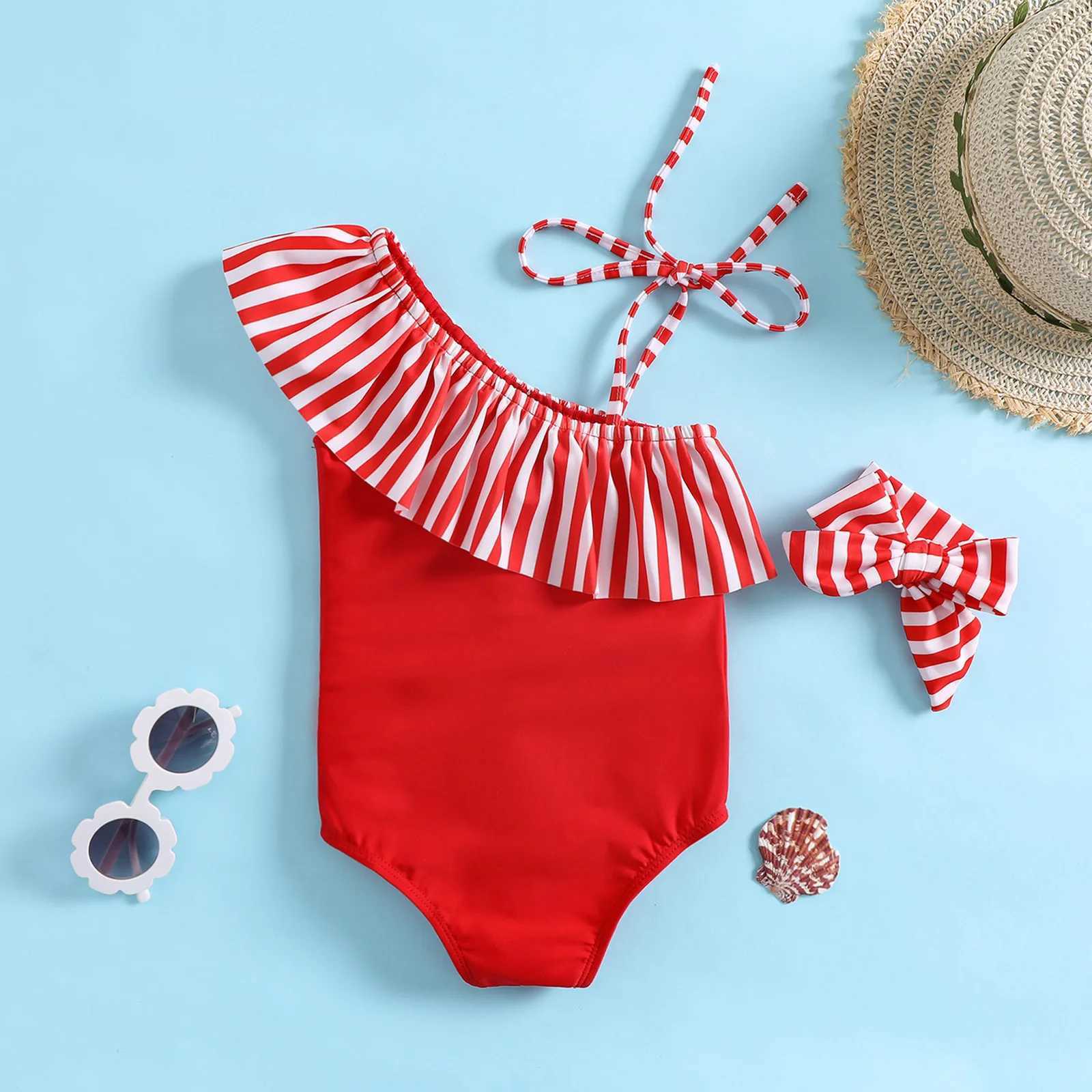 Childrens summer striped patchwork one-piece swimsuit girls beach style swimsuit headscarf two-piece set X250224