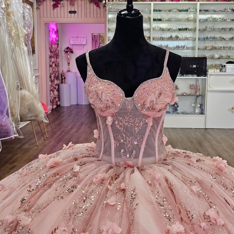 Pink Shiny Quinceanera Dresses Ball Gown Spaghetti Strap Sequin Appliques Flower Beading Tull Corset Sweet 16 Dress Vestidos 15 De Anos