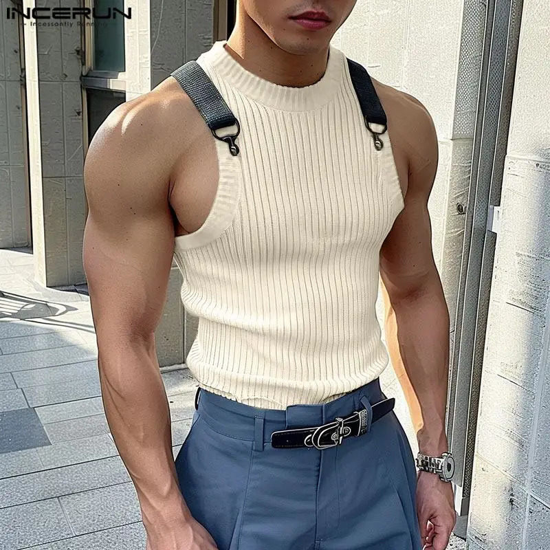 INCERUN Men Tank Tops Patchwork O-neck Sleeveless Summer Skinny Male Vests Streetwear 2024 Knitted Fashion Casual Men Clothing 250224