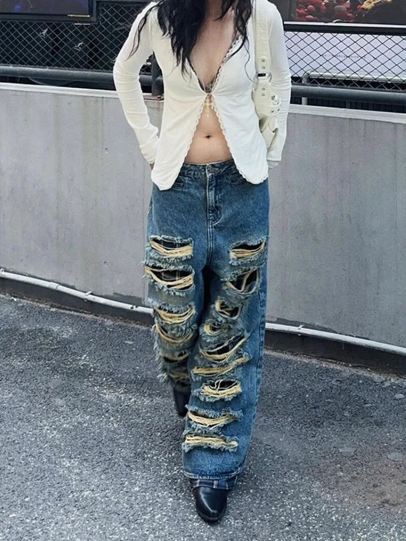 American Heavy Industry Double Ripped Jeans Women Y2K Retro Punk Old Wash Loose Casual High Waist Wide Leg Jeans 250225