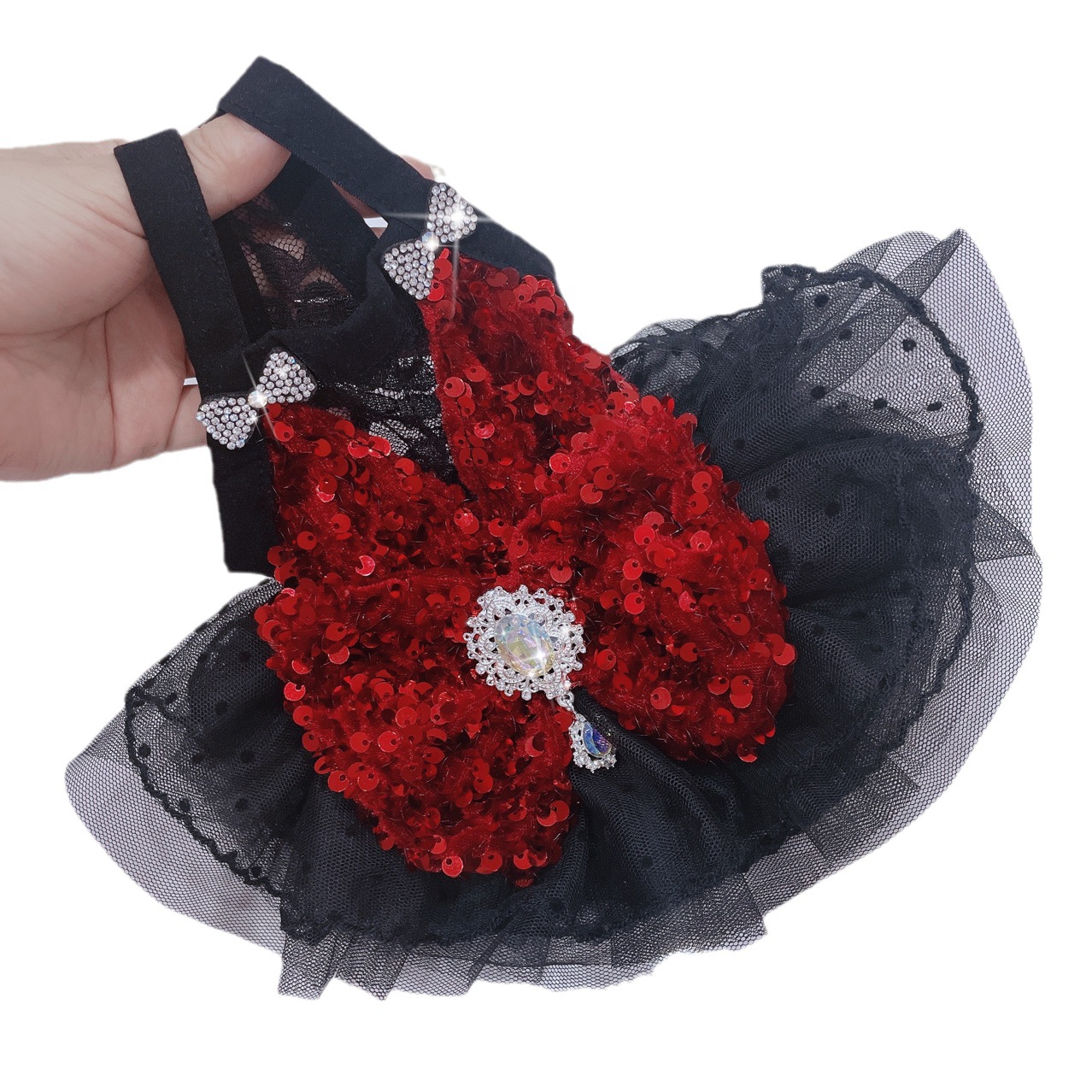 Small Dog Wedding Dress Luxury Designer Pet Summer CLothes Shining Paillette Gauze Skirt Black Bowknot Dog Party Dress