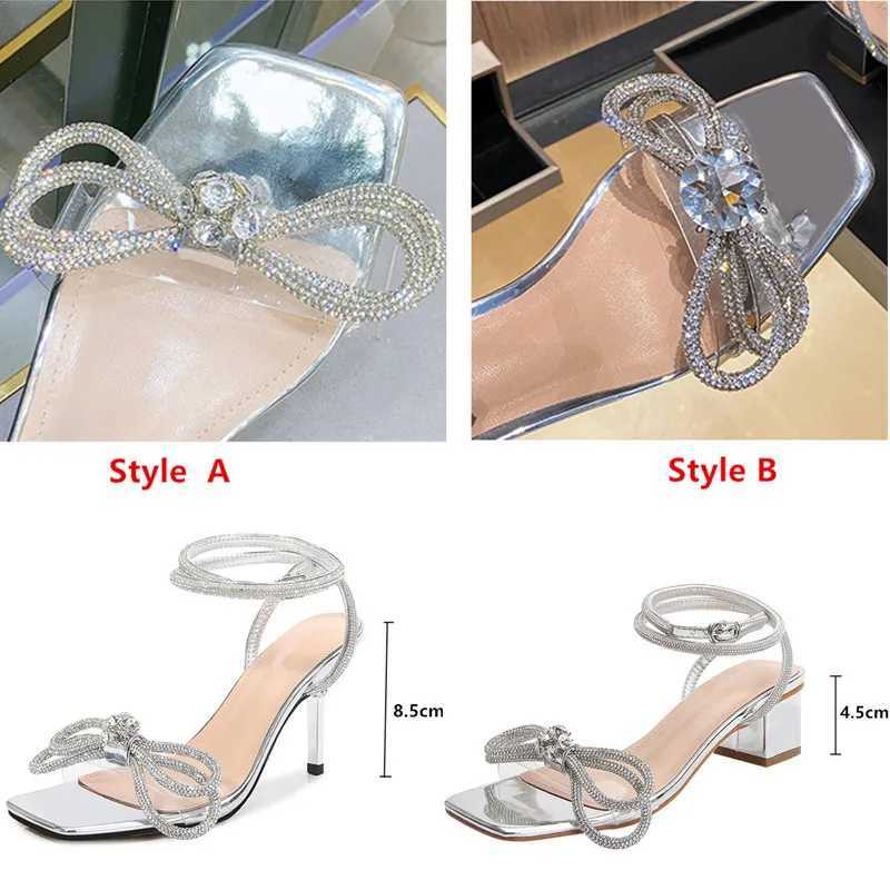 Maogu Luxury Rhinestones Bowknot Summer Wedding Shoes High Heels Silver Sandal Party Prom Shoes Rhinestone Women SandalsC250225