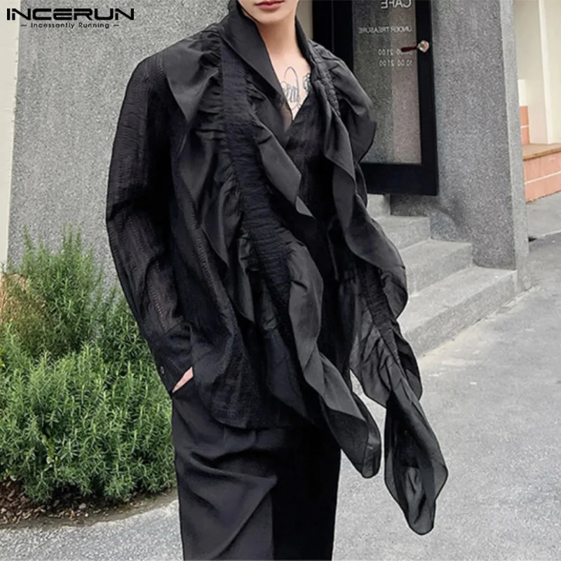 Mens shirt with hollow pleated edges and patch work V-neck long sleeved mens streetwear transparent fashion Camisas INCERUN 250222