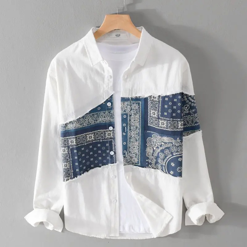 Spring Autumn Fashion Turn-down Collar Long Sleeve Patchwork Printin Blouse Mens Clothing Casual Korean Button Loose Shirts 250220