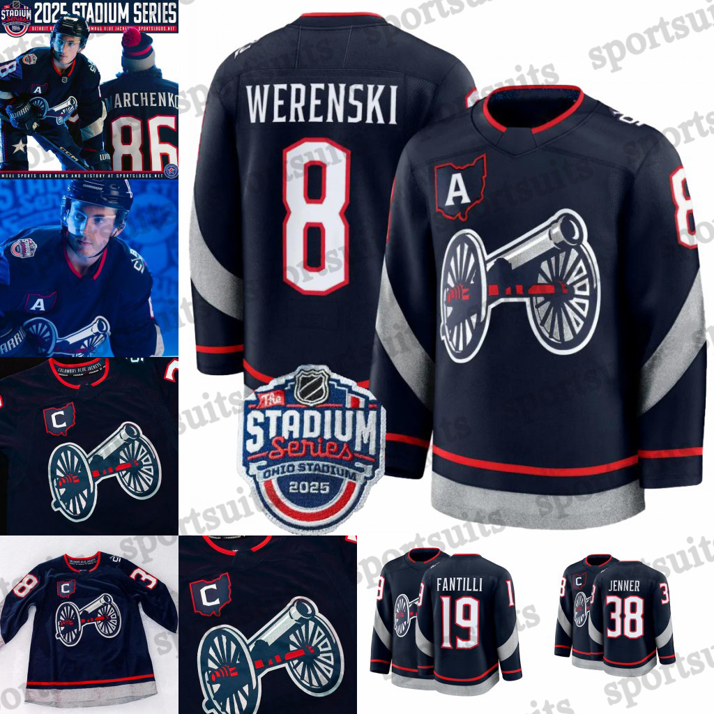8 Zach Werenski Jackets 2025 Stadium Series Jerseys 13 Johnny Gaudreau Kirill Marchenko Adam Fantilli Mathieu Olivier Blue Sean Monahan Dmitri Voronkov Jersey