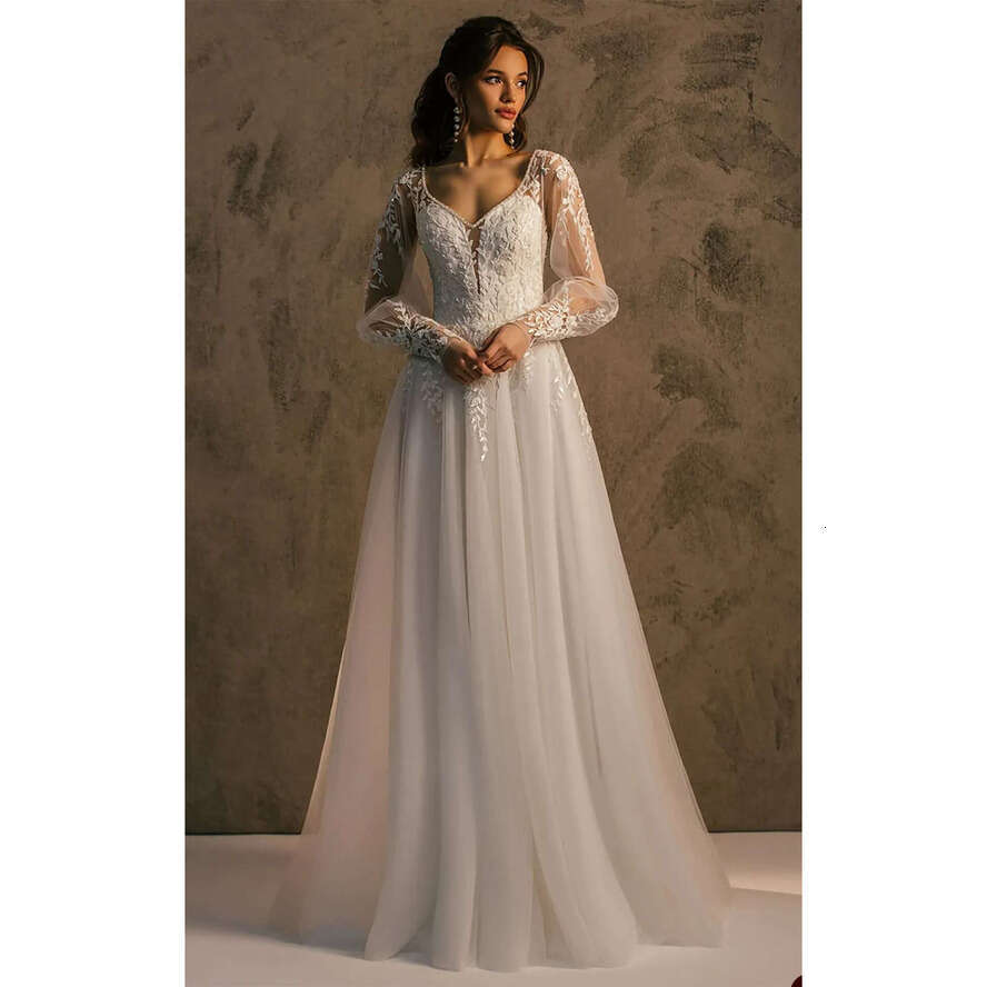 Simple A E Women Wedding Long Sleeves Backless Bridal Gowns Lace Appliques Sweep Train Dress Custom Made Vestidos De Novia