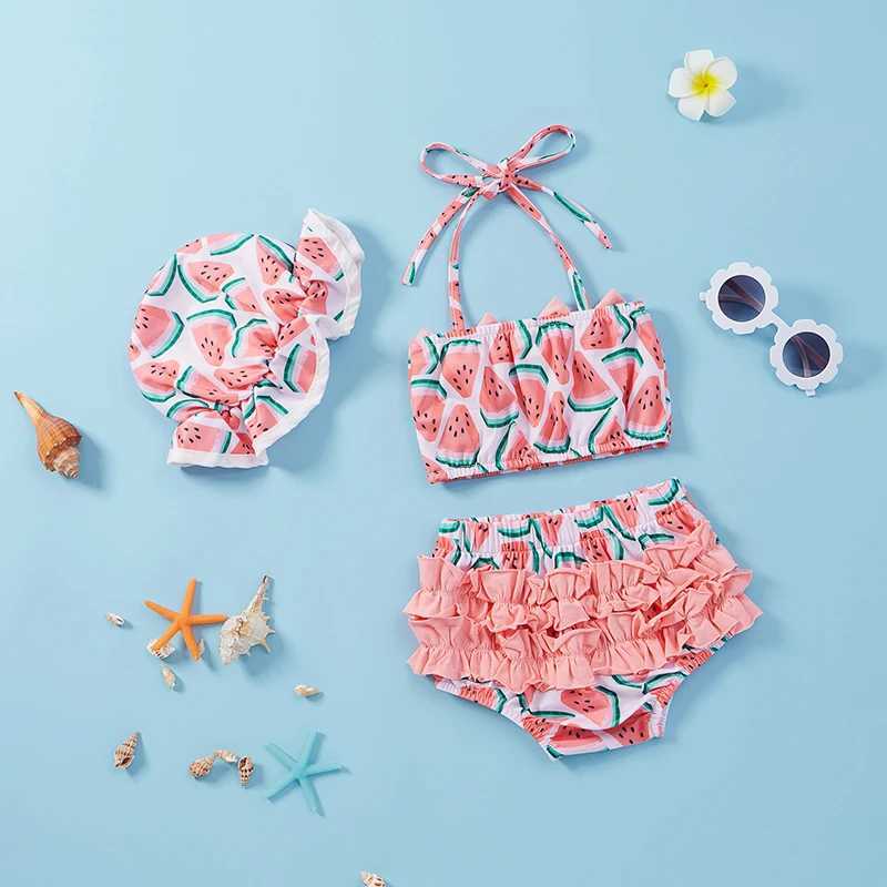 2021-04-05 Quick view Wish list 0-24M Baby Girls 3Pcs Split Swimsuit Set Watermelon Print Sleeveless Bikini Bow-knot+Shorts+Stretchy Hat X250224