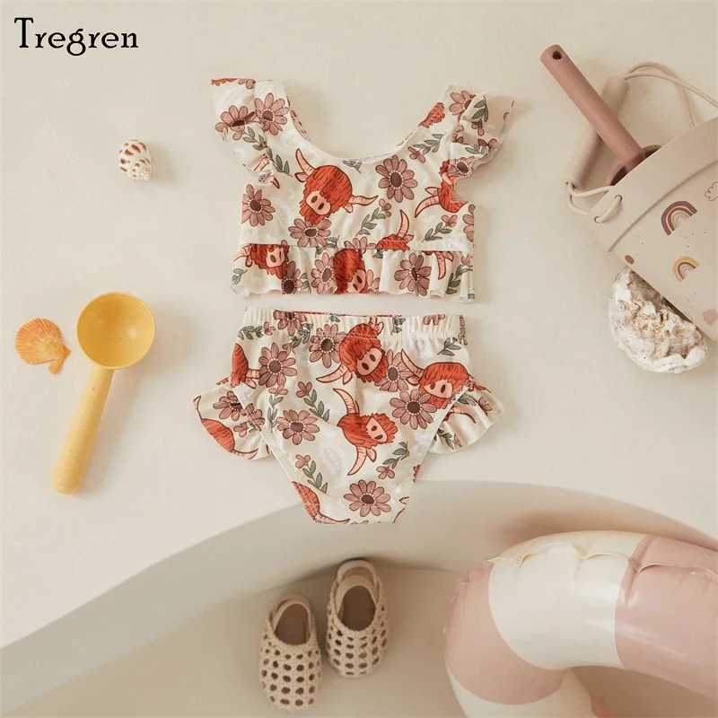 Tregren Cute Baby Bikini Flower/Cow Head Printed Swimsuit Ruffle Swimsuit Summer Pool Hot Spring Beach Wear X250224