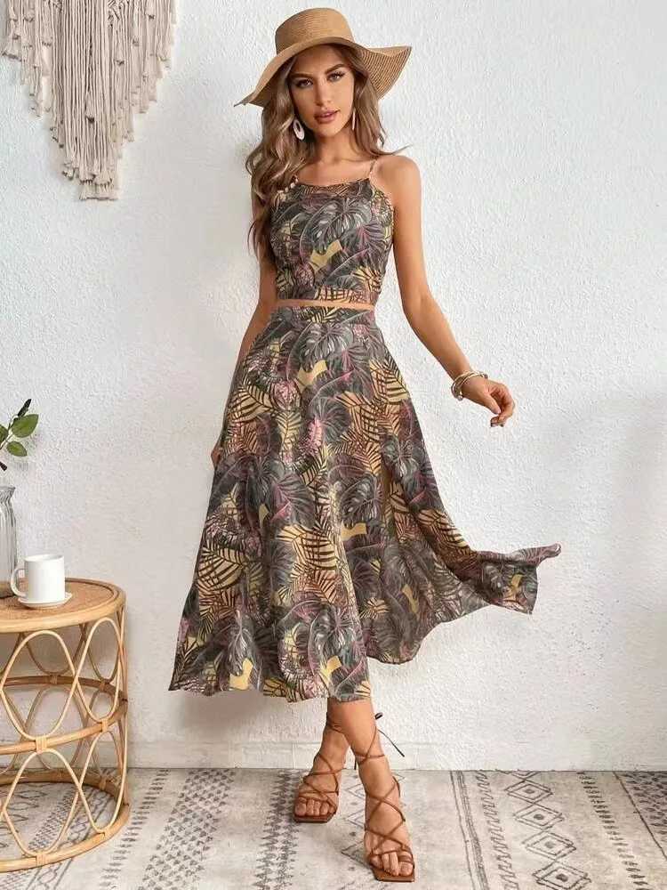 Basic Dresses Casual Bohemian Beach Vacation Set Dress For Womens Sexy Vest Camisole Top A-line Skirt Two-Piece Boho Print Sets Outfit Woman H25224 C2