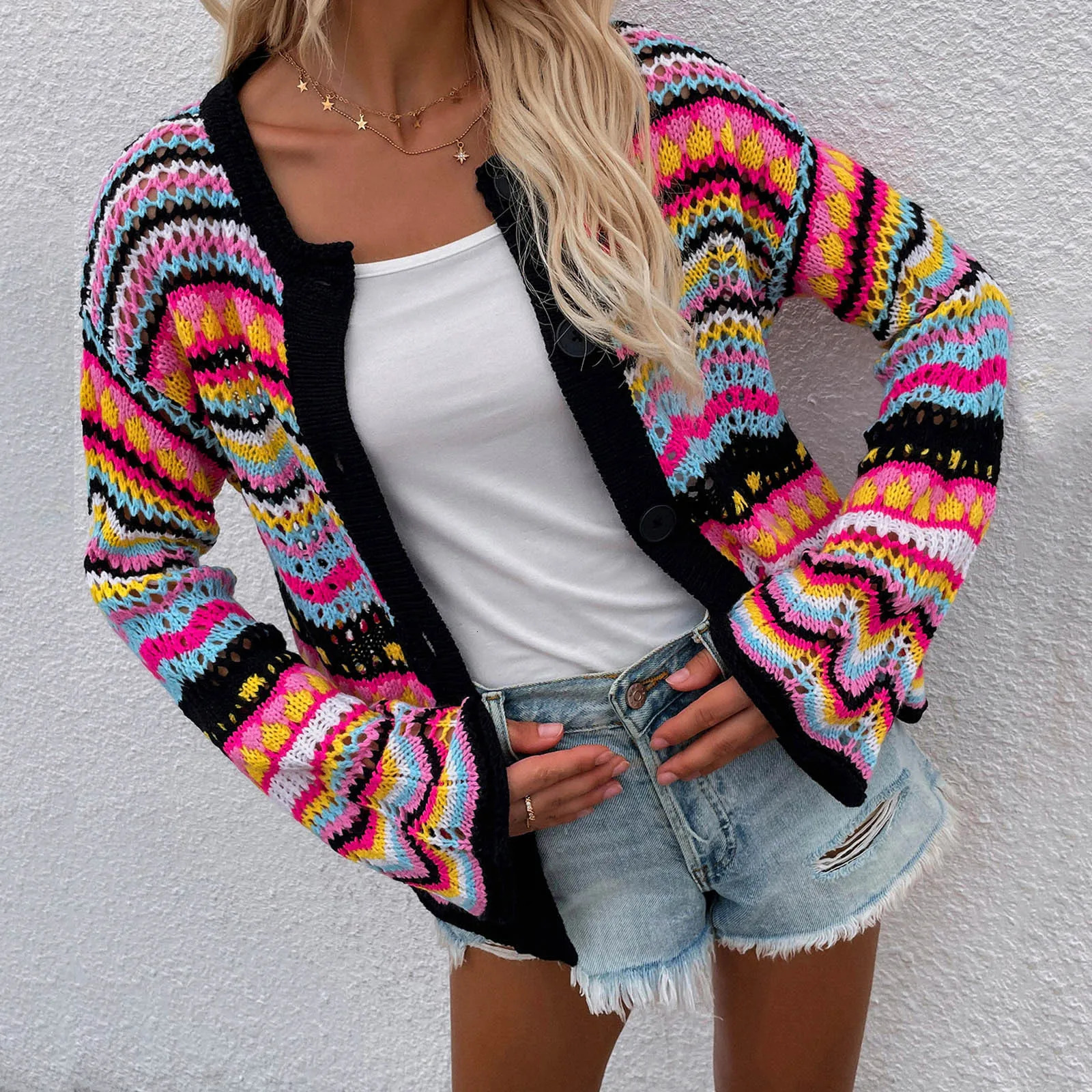 Autumn Light Weight Cardigans Ladies Striped Sweater Loose Rainbow Color Matching Cardigan With Button Fashion Trend Tops 250225