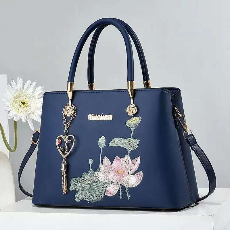 Embroidery lotus Crossbody 2024 Thread Handbag Pu Leather Women Shoulder Bags Brand Sequined Tassel Bag