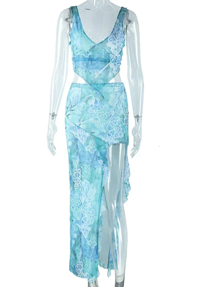 Leosoxs Sexy Summer Vacation 2 Piece Set Women Print Irregular v-Neck Tank TopsMaxi Split Skirts Matching Midnight Outfits 250224