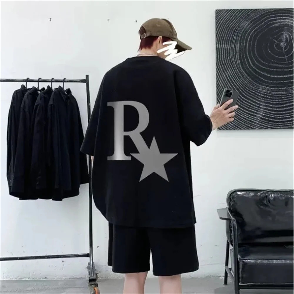Oversized Japan Korean Fashion College Waffle Set Men Summer Casual Loose Short Sleeve T-shirt Shorts Sports Two Piece Set 250225