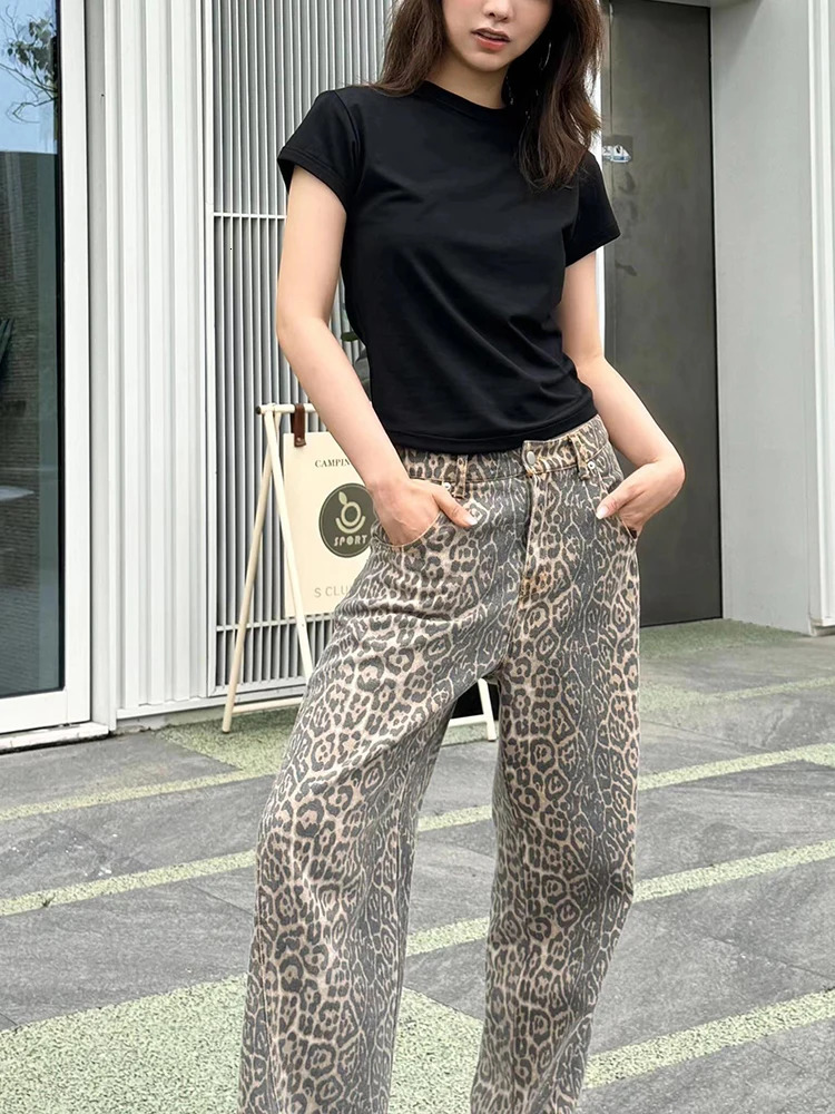 Vintage Leopard Print Jeans Women Baggy High Waist Y2k Streetwear Hip Hop Wide Leg Pants Harajuku Casual Denim Trousers 250225