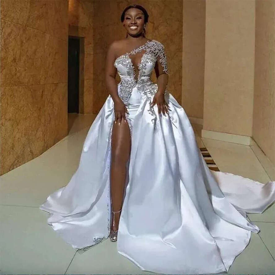 One Shoulder Satin A E Wedding Dresses With Sweep Train Beading Lace Side High Slit Sexy Vestidos De Novia African Long Sleeve Bridal Gowns For Bride