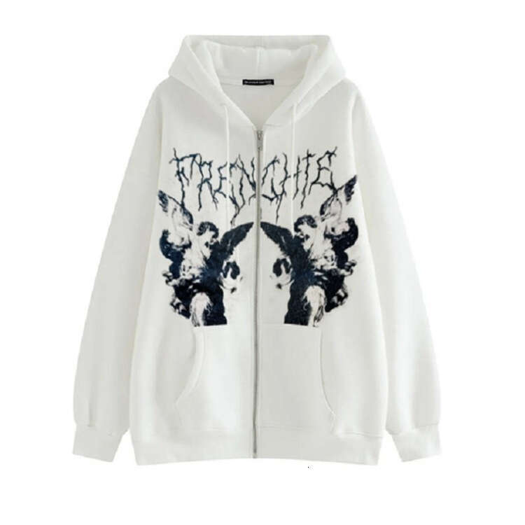 Women's autumn and winter street fashion print loose hooded cardigan hoodie