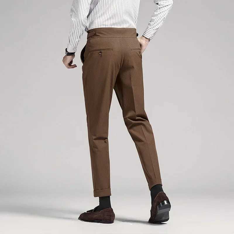 High End Men Brown Suit Pants Dress British Naples High Waist 9-point Pants Straight Slim Trousers Business Formal Social W250225