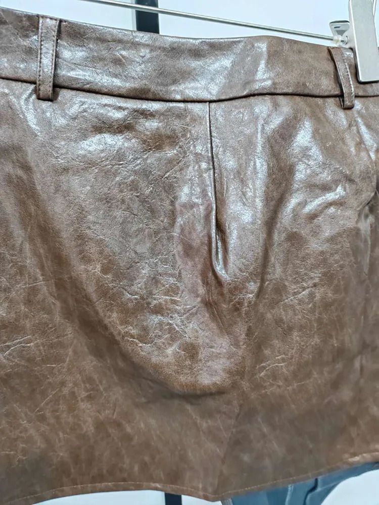 DEAT Fashion Womens PU Leather Half Skirt Asymmetrical Button Brown Low-waisted Hip Wrap Miniskirt Spring 2025 7AB2954 250122