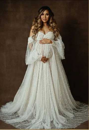 Maternity Photography Props Dress Dense Pearl White Yarn Maternity Photography Clothing Babyshower Gown Photo Shoot Pregnant X2502241