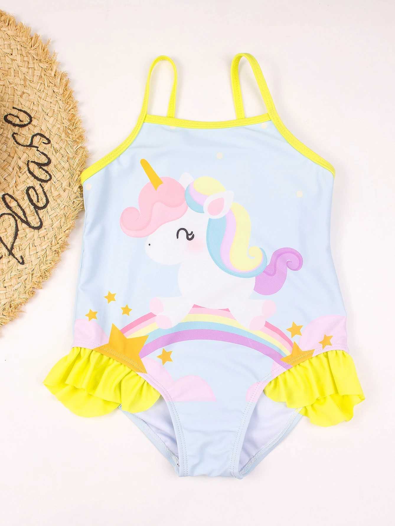 Girls Blue cartoon Cute Mermaid Graphic Ruffles Patchwork One Piece Swimsuit Swimwear Kids Summer Beach Bathing Suit X250224