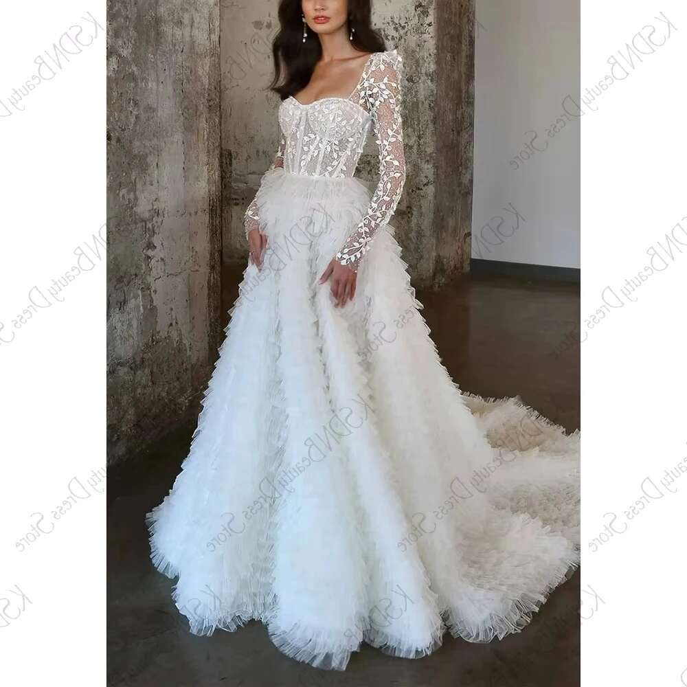 Elegant White Square Neck Long Sleeve Pleated Evening Dress Female Formal Graduation Party fiesta Dresses