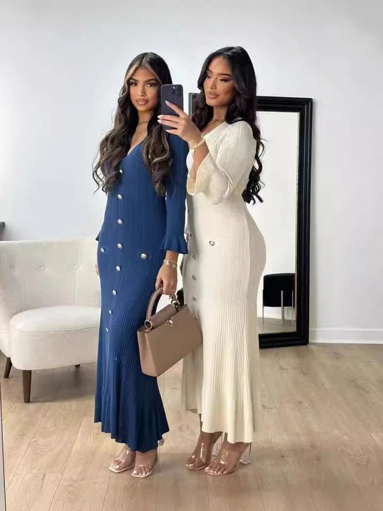 Elegant Knitted Long Dress Women Flare Sleeve V Neck Ruffles Single Breasted Bodycon Dresses Party Fashion Office Lady Dresses 250222