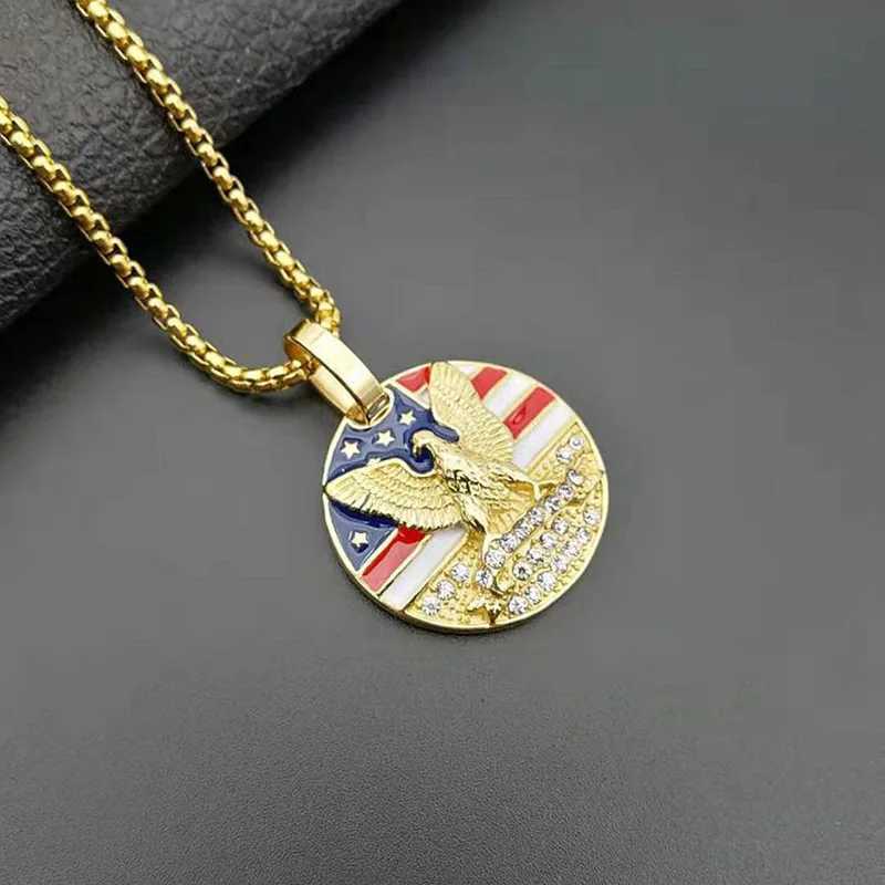 Hip Hop Rhinestones Paved Bling d Out Solid Stainless Steel Flag Pendants Necklace for Men Rapper Jewelry X250224