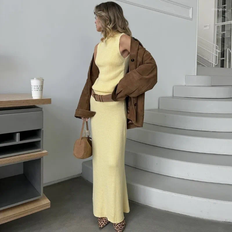 Work Dresses Tuularose Elegant Long Skirt Two-piece Set Women's Sleeveless Knitted Turtleneck Vest Slim 2025 Fashion