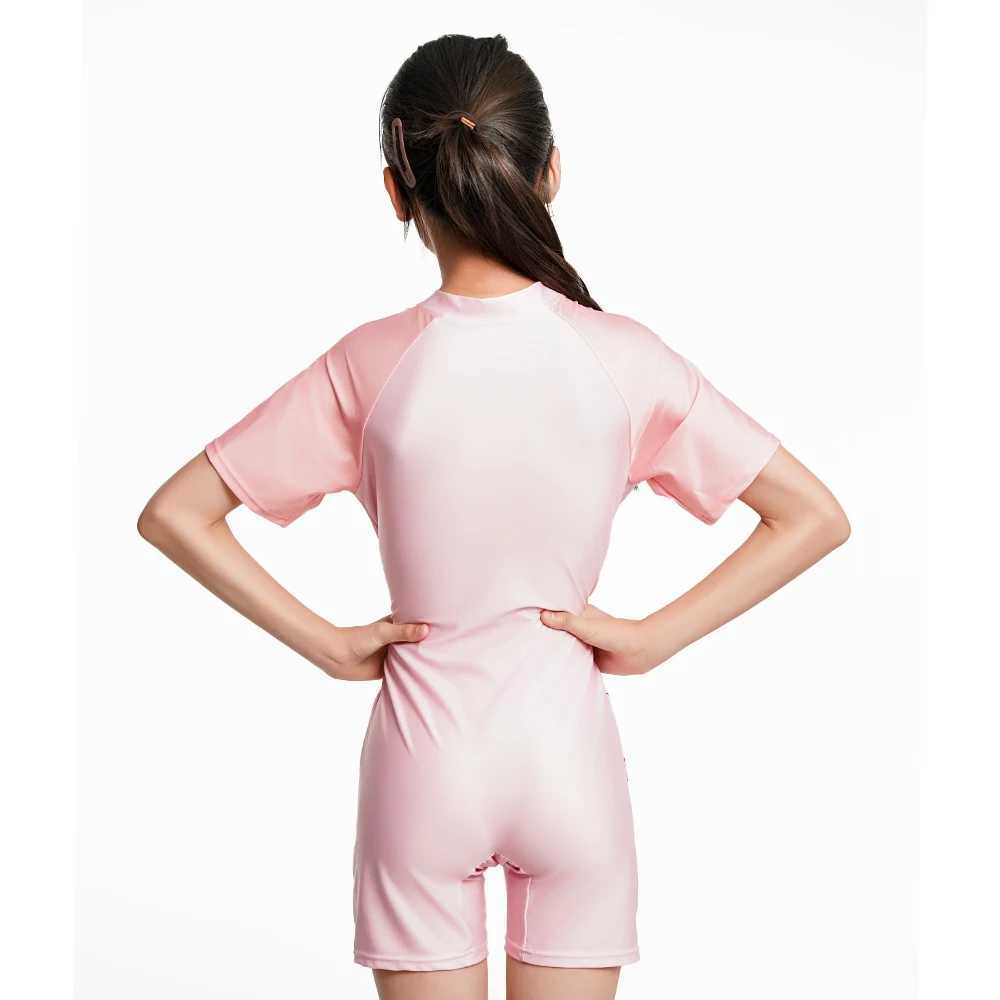 Summer One Piece Swimsuit Girls Little Fairy Print Swimwear Large Size Child Quick Dry Short Sleeve Zipper Professional Swimsuit X250224