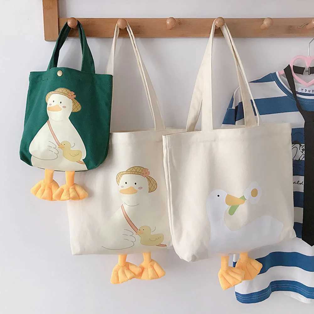 New Women Shoulder Shopper Bag Cute Duck Cartoon Print Casual Kawaii Canvas Tote Shopping Bag Cotton Cloth Eco Handbags tote bag Z250224