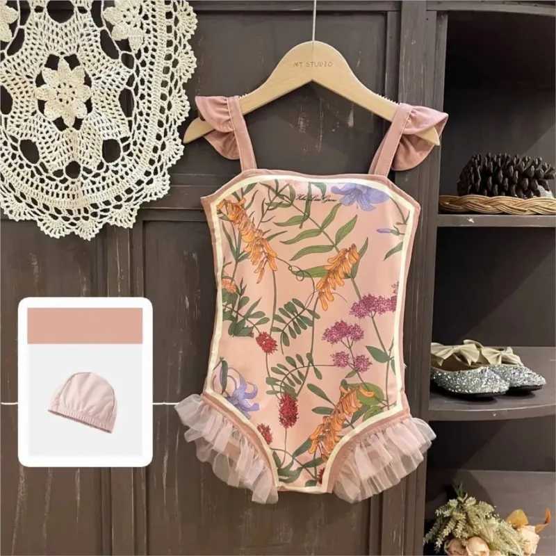 Baby Girl Princess Floral Swimsuit Romper+Cap 2pcs Infant Toddler Teens Child Swimwear Bathing Suit Kid Swimming Clothing 1-12Y X250224