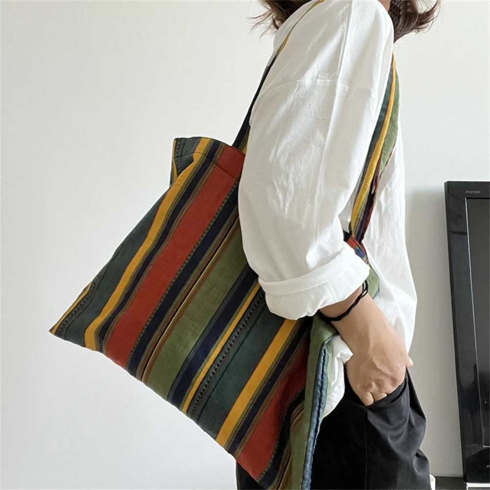 Womens Canvas Shoulder Bag Rainbow Striped Linen Shopping Bag Eco Large Capacity Handbag Tote for Girls Christmas Gifts Z250224