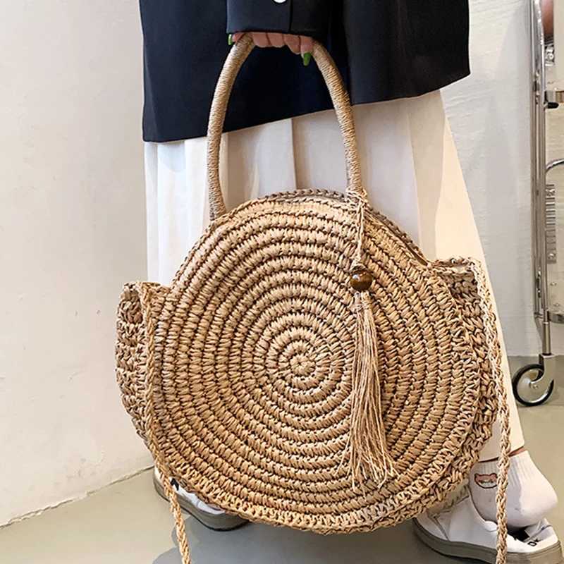 Round Straw Beach Bags For Women Large Capacity Braided Shoulder Bag Rattan Woven Totes Bag Shopping Basket Handbag Purse sac