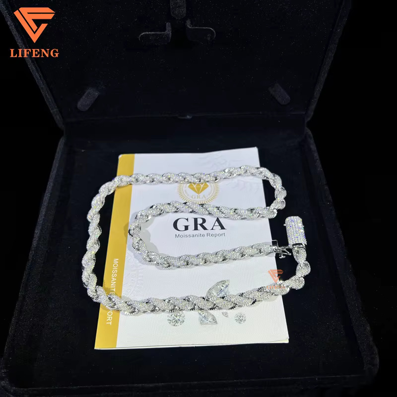 Hip Hop Custom Iced Out Sterg Sier Vvs Moissanite White Gold Plated Rope Chain Tennis Chains Jewelry Unisex Dia Necklace