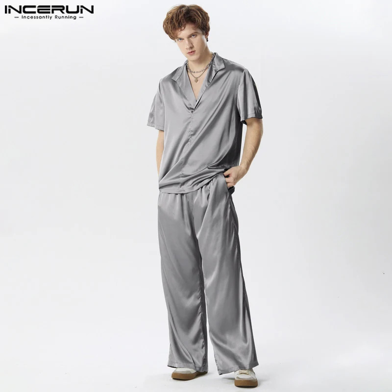 Men Sets Solid Color Streetwear Satin Lapel Short Sleeve Shirt Pants Two Pieces Sets Fashion Mens Casual Suits INCERUN 250225