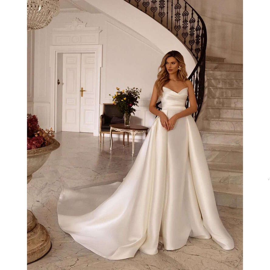 Elegant Mermaid Wedding Dresses Overskirts V Neck Satin Bridal Gowns With Sweep Train