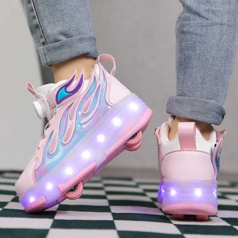Roller Sneakers Kid Sport Gym Footwear Roller Skates 4 Wheels USB Charge Illuminated Shoes Boys Girls Casual Skateboard Shoes W250225