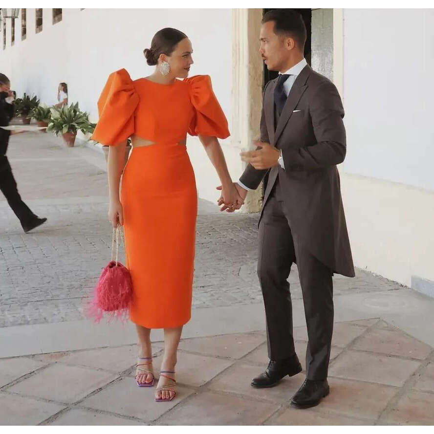 Elegant Orange Women Evening Formal Dress Short Puffy Sleeves Satin Tea-Length Birthday Party Gown Prom Dresses 2024 Arabic Robe De Soiree