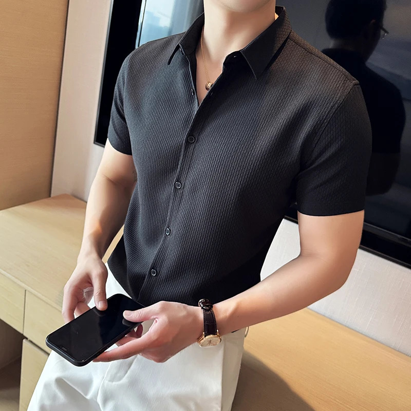 High End Waffle Shirt Mens Clothing 2024 Summer No Ironing Business Social Shirts For Men Short Sleeve Casual Dress Slim 250222
