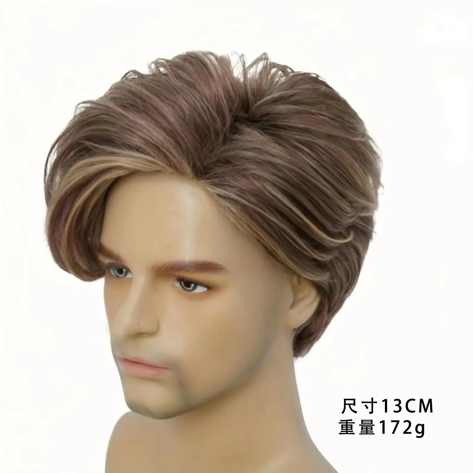 Synthetic wig gradient brown fluffy slant bangs short Wig for men 250224