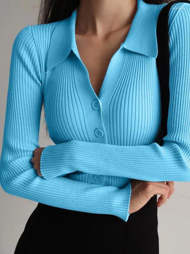 Womens Sweaters 2025 Ladies Buttons Sexy V Neck Long Sleeve POLO Knit Cardigan Sweater Women Lapel Slim Tops
