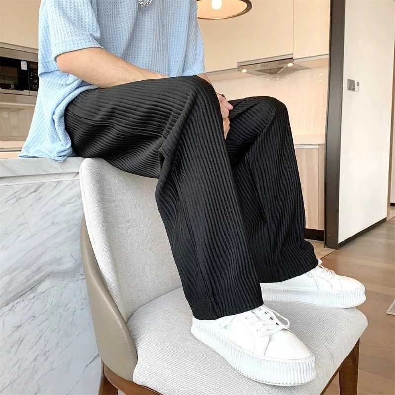 Trendy Lazy Wind Summer Casual Suit Pants Men Solid Striped Elastic Waist Pocket Fashion Versatile Straight Wide Leg Trousers W250225