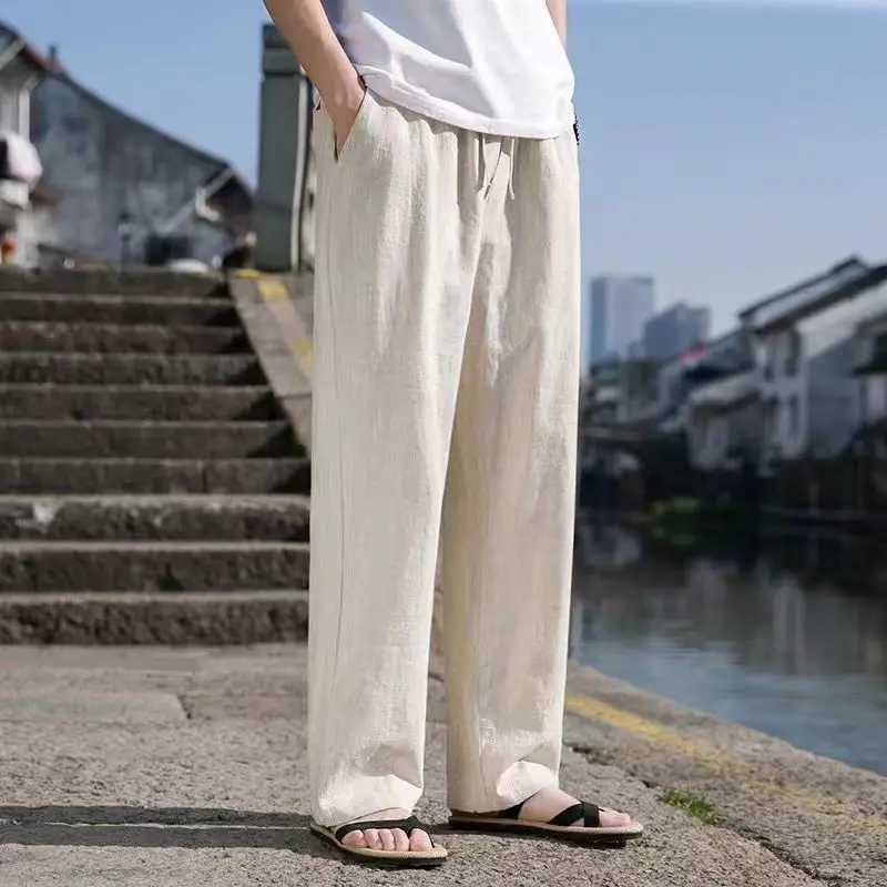 Chinese style loose linen casual pants mens spring and summer thin straight leg cotton linen wide leg harem Trouser lantern W250225