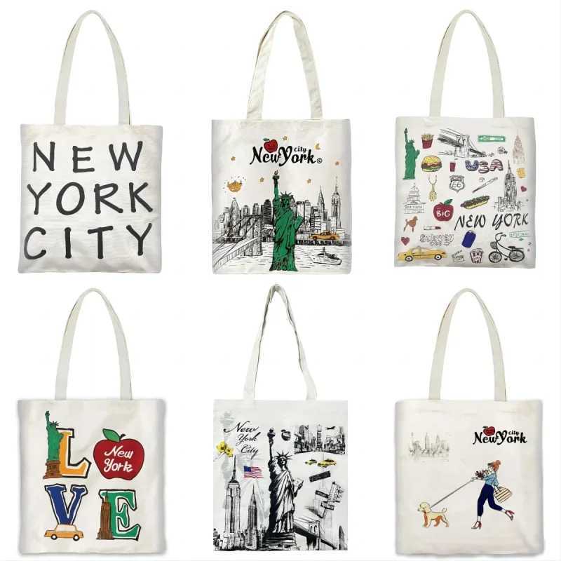 New York Souvenir Women Tote Bag Large Capacity Shoulder Bags No Zipper Eco Lady Shopping Shopper Handbag Canvas Girls Handbags Z250224