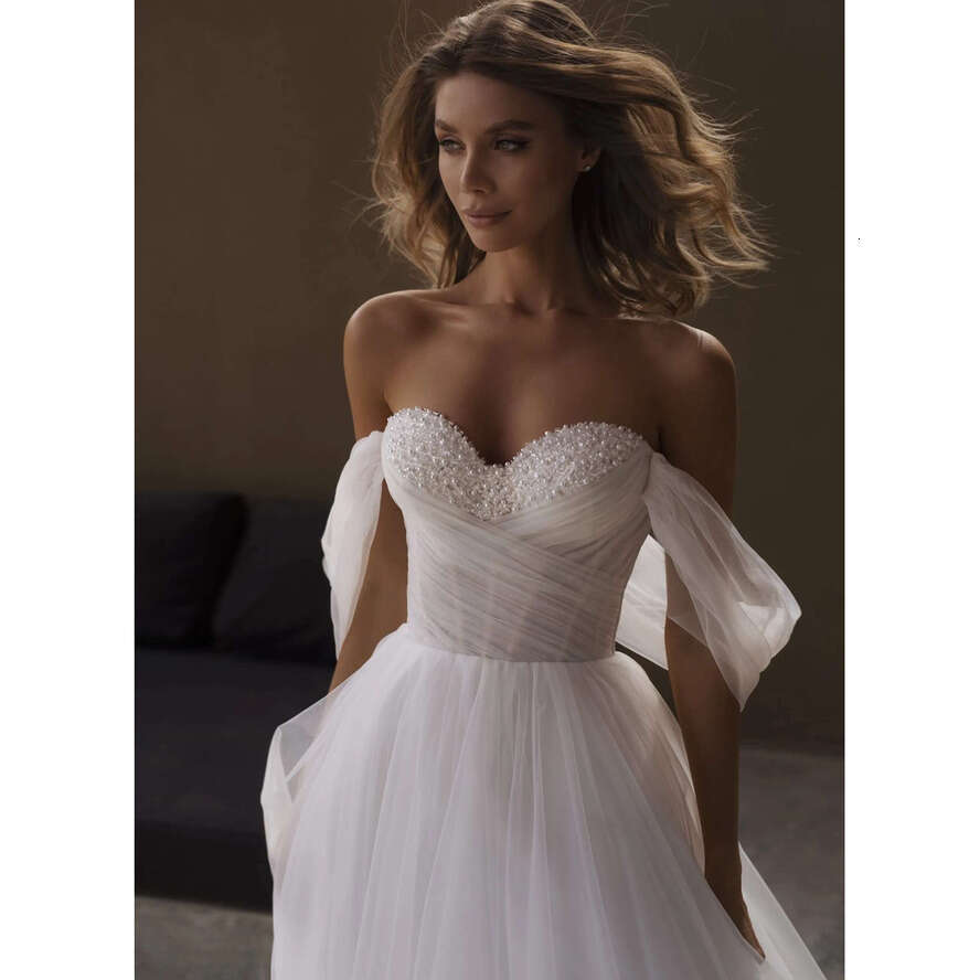 Off-Shoulder Boho Wedding Dress With Tulle And Pearls | 2024 Bridal Gown
