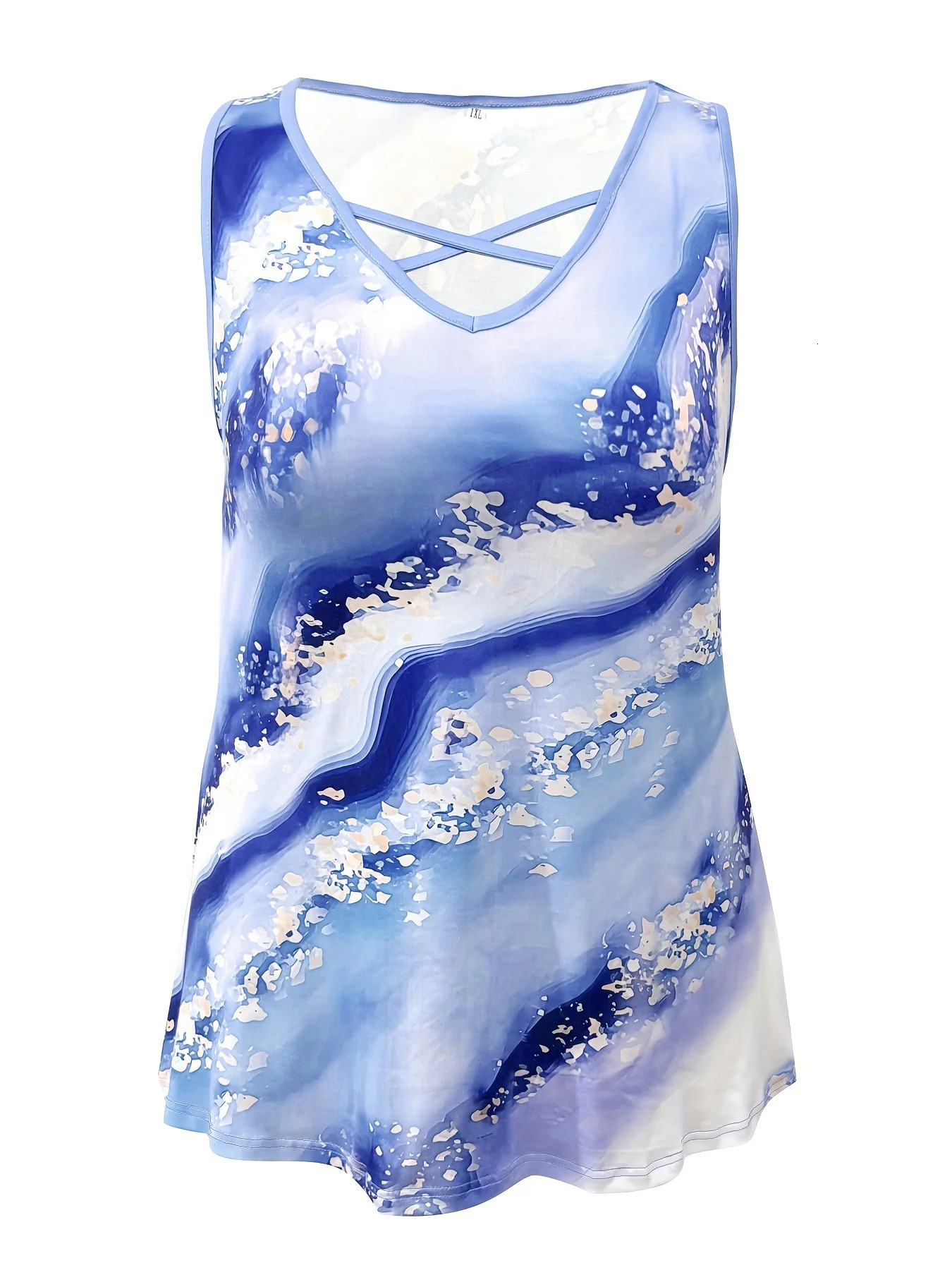 Plus Size Marble Print Tank Top Casual Criss Cross Sleeveless V Neck Top For Summer Spring Womens Plus Size Clothing 250224